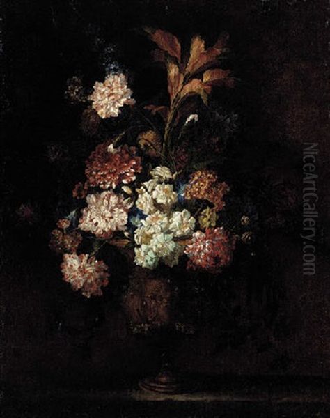 Carnations, Morning Glories, Narcissi And Other Flowers In An Urn On A Stone Plinth Oil Painting by Jean-Baptiste Belin de Fontenay the Elder