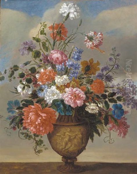 Carnations, Morning Glory, Foxglove, Peonies And Other Flowers In An Urn On A Ledge Oil Painting by Jean-Baptiste Belin de Fontenay the Elder