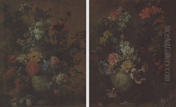 Carnations, Lilies, Delphinium, Chrysanthemums And Other Flowers In A Sculpted Urn On A Ledge Oil Painting by Jean-Baptiste Belin de Fontenay the Elder