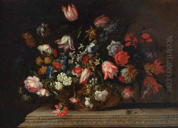 Tulips, Narcissi, Daffodils, Hyacinths, Carnations, Anemones, Bluebells, Morning Glory And Other Flowers Oil Painting by Jean-Baptiste Belin de Fontenay the Elder