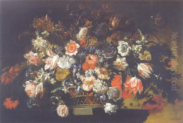 Parrot Tulips, Carnations, Daffodils And Other Flowers In A Basket On A Pedestal Oil Painting by Jean-Baptiste Belin de Fontenay the Elder