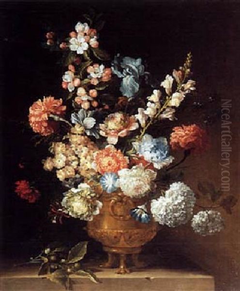 Still Life With Flowers In A Copper Vase On A Stone Ledge Oil Painting by Jean-Baptiste Belin de Fontenay the Elder