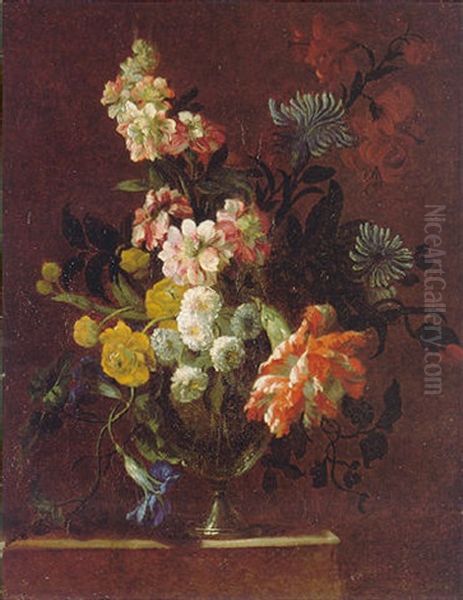 A Still Life Of A Variegated Carnation, Convolvulus And Other Flowers In A Glass Vase On A Stone Ledge Oil Painting by Jean-Baptiste Belin de Fontenay the Elder