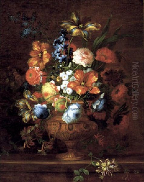 Groser Dekorativer Blumenstraus In Einer Ornamental Verzierten, Vergoldeten Prunkvase Oil Painting by Jean-Baptiste Belin de Fontenay the Elder