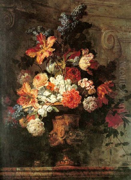 Still Life Of Flowers In A Gold Vase Resting On A Marble Ledge Oil Painting by Jean-Baptiste Belin de Fontenay the Elder