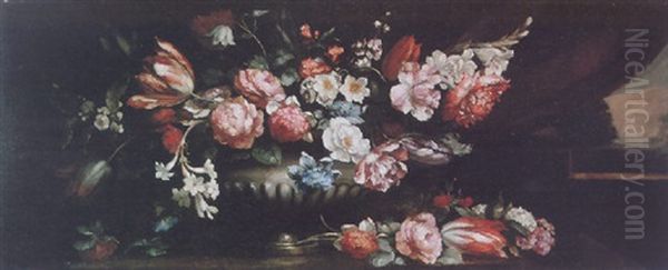 A Still Life Of Jasmine, Tulips, Roses, Orange Blossom And Other Flowers In A Sculpted Stone Vase On A Stone Ledge Oil Painting by Jean-Baptiste Belin de Fontenay the Elder