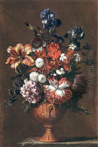 Irises, A Tulip, A Poppy, A Rose, Jasmine And Other Flowers  In A Sculpted Urn On A Stone Ledge Oil Painting by Jean-Baptiste Belin de Fontenay the Elder