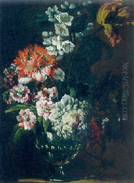 Carnations, Stocks, Dahlias And A Parrot Tulip In A Glass Vase Oil Painting by Jean-Baptiste Belin de Fontenay the Elder