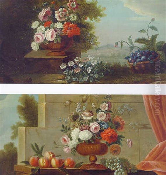 Flowers In An Urn On A Pedestal By A Basket Of Plums In A Landscape Oil Painting by Jean-Baptiste Belin de Fontenay the Elder