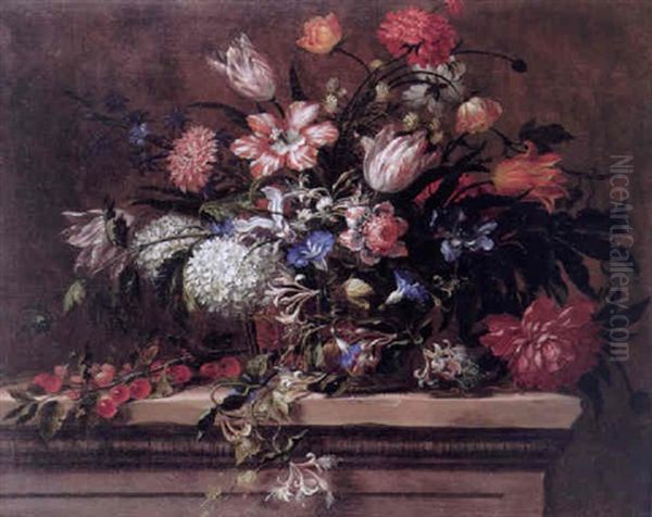 Still Life Of Tulips, Convolvulus, Lilac, Honeysuckle, Poppies And Other Flowers In A Basket On Stone Ledge Oil Painting by Jean-Baptiste Belin de Fontenay the Elder