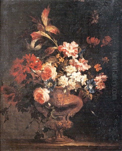 Bouquet De Fleurs Dans Un Vase Sculpte Sur Un Entablement Oil Painting by Jean-Baptiste Belin de Fontenay the Elder