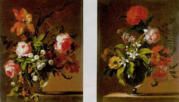 A Still Life Of Roses, A Tulip, Nasturciums And Other Flowers In A Glass Vase On A Stone Ledge Oil Painting by Jean-Baptiste Belin de Fontenay the Elder