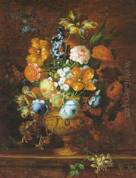 Groser, Dekorativer Blumenstraus In Einer Ornamental Verzierten Prunkvase Oil Painting by Jean-Baptiste Belin de Fontenay the Elder