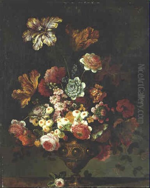 Parrot Tulips, Roses, Carnations And Other Flowers In A Brass Vase On A Ledge Oil Painting by Jean-Baptiste Belin de Fontenay the Elder