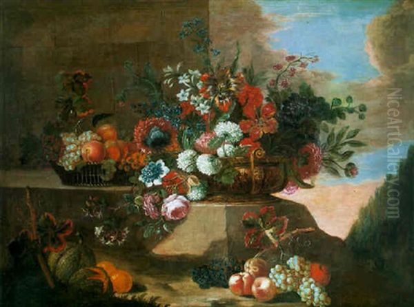 Nature Morte A La Vasque De Fleurs Et Aux Fruits Sur Un Muret Oil Painting by Jean-Baptiste Belin de Fontenay the Elder