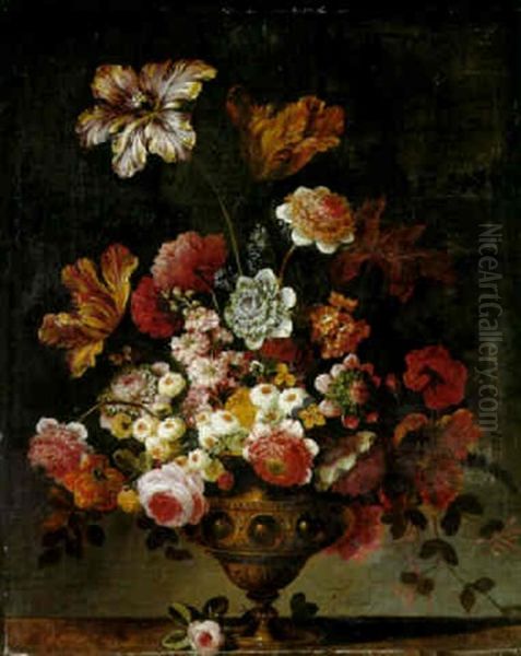 Parrot Tulips And Other Flowers In A Brass Vase On A Ledge Oil Painting by Jean-Baptiste Belin de Fontenay the Elder