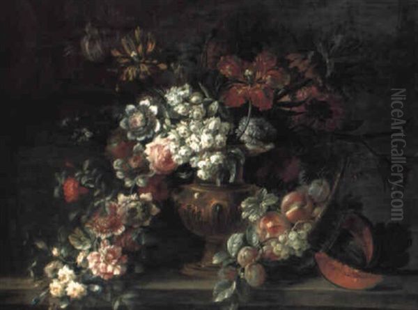 Flowers In A Vase With Peaches And Other Fruit On A Ledge Oil Painting by Jean-Baptiste Belin de Fontenay the Elder