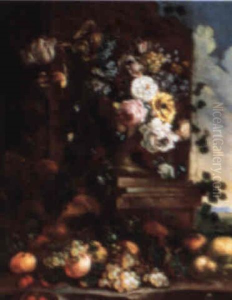 Still Life Of Flowers In A Stone Urn Resting On A Pedestal, With A Still Life Oil Painting by Jean-Baptiste Belin de Fontenay the Elder