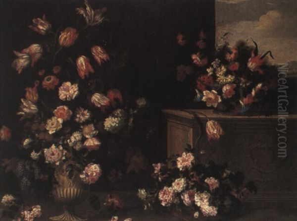 Nature Morte Aux Trois Bouquets... Oil Painting by Jean-Baptiste Belin de Fontenay the Elder