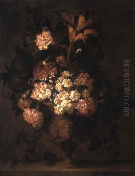 Flowers In Sculpted Vase On Ledge Oil Painting by Jean-Baptiste Belin de Fontenay the Elder