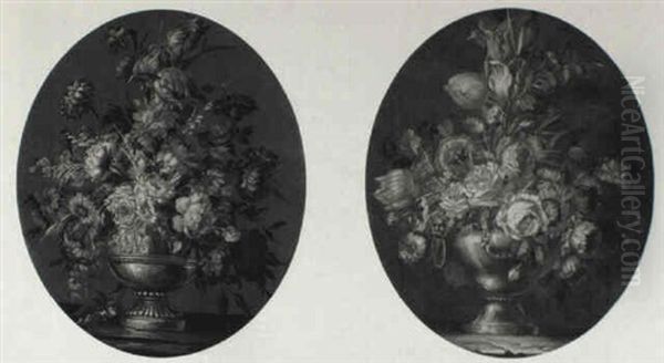 Still Life Of Tulips, Roses And Other Flowers In Gilt Urns Oil Painting by Jean-Baptiste Belin de Fontenay the Elder