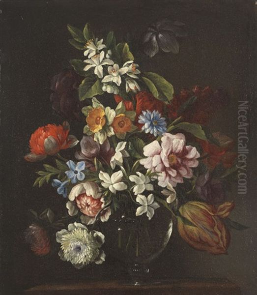 Blumenstillleben In Glasvase Oil Painting by Jean-Baptiste Belin de Fontenay the Younger