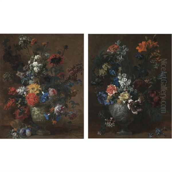 Carnations, Lilies, Delphinium, Tulips, Fritillaria Imperialis, Iris, Apple Blossom, Honeysuckle, Narcissi (+ Morning-glory, Martagon Lilies, Poppies, A Sunflower; Pair) Oil Painting by Jean-Baptiste Belin de Fontenay the Younger