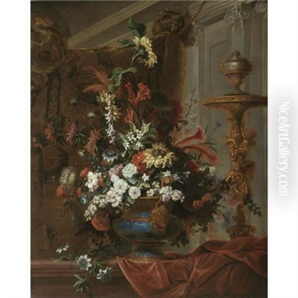 Still Life With A Bouquet Of Flowers In An Elaborate Brass Urn Standing In A Palatial Interior Oil Painting by Jean-Baptiste Belin de Fontenay the Younger