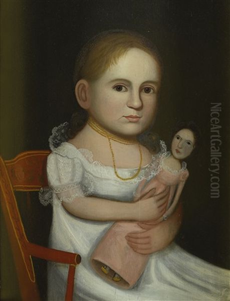 Portrait Of A Young Girl Wearing A White Dress And Gold Beads, Holding A Doll Oil Painting by Zedekiah Belknap