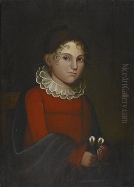 Portrait Of A Girl Wearing A Red Dress And Green Shawl, Said To Be Mary Kirtland Of Whitehall, New York Oil Painting by Zedekiah Belknap