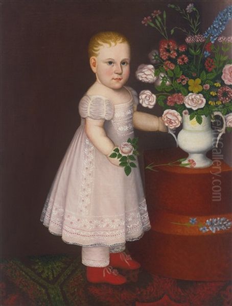 Portrait Of A Blond-haired Child In Lace-embroidered Pink Dress With A Bouquet Of Flowers Oil Painting by Zedekiah Belknap