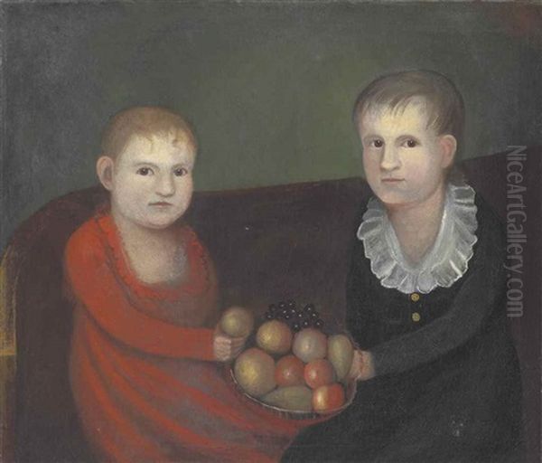 A Double Portrait Of Two Children Holding A Bowl Of Fruit Oil Painting by Zedekiah Belknap