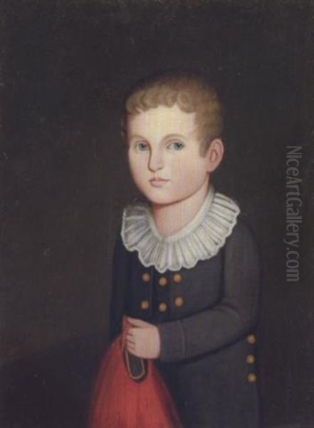 Portrait Of A Young Blond Boy In A Buttoned Navy Blue Jacket And Ruffled Collar, Holding A Red Drawstring Gunnysack Oil Painting by Zedekiah Belknap