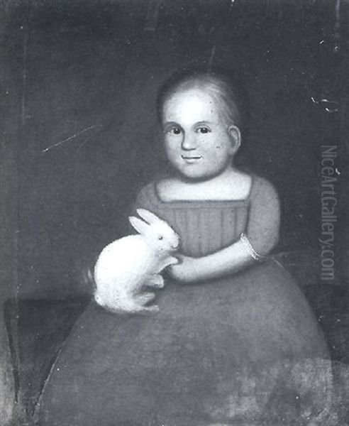 Portrait Of A Child In A Blue Dress Holding Her Pet Rabbit Oil Painting by Zedekiah Belknap