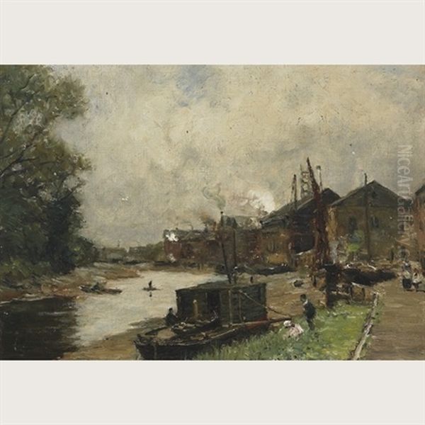 An Old Thames Houseboat Oil Painting by Arthur George Bell