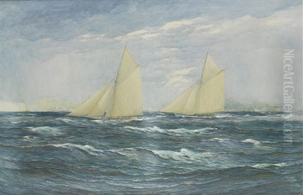 America's Cup Race, September; Thistle And Volunteer Oil Painting by Hesketh Bell