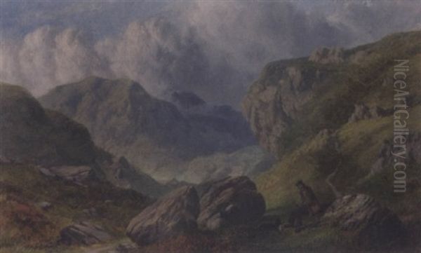 Hunter And Dog In A Highland Landscape by Hesketh Bell