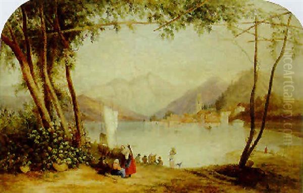 Figures Before A North Italian Lake With A Town Beyond Oil Painting by John Bell