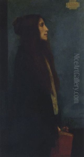 A Young Lady In Profile Holding A Book And An Anemone Oil Painting by Robert Anning Bell