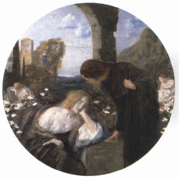 A Cloister Scene With Seated And Black-robed Figures Oil Painting by Robert Anning Bell