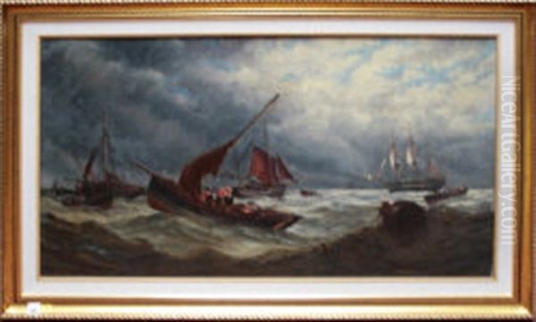 Fishing Boats And A Collier Off The North East Coast Oil Painting by Stuart Henry Bell