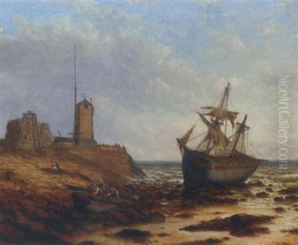 Beached At Low Tide Off South Pier Lighthouse, Sunderland Oil Painting by Stuart Henry Bell