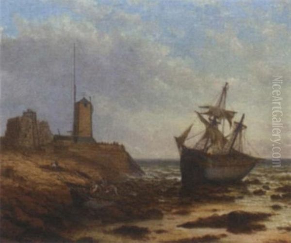 Beached At Low Tide Off South Pier Lighthouse, Sunderland Oil Painting by Stuart Henry Bell