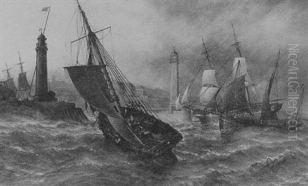 Sunderland Harbour In 1862 Upon The Completion Of The Iron Lighthouse, A Rough Night Coming On Oil Painting by Stuart Henry Bell