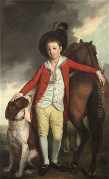 Portrait Of Boy (j. Langlands?) In A Red Coat, White Waistcoat, Yellow Breeches, Silver-buckled Shoes And A Feathered Hat Oil Painting by William Bell