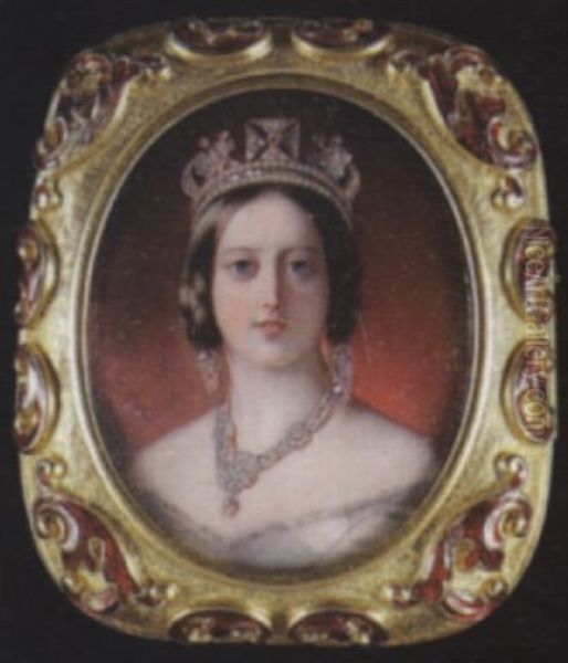 Queen Victoria, Wearing Decollete White Dress And Red State Robes With The Diamond Circlet And Turkish Diamond Necklace And Drop Earrings Oil Painting by William Charles Bell