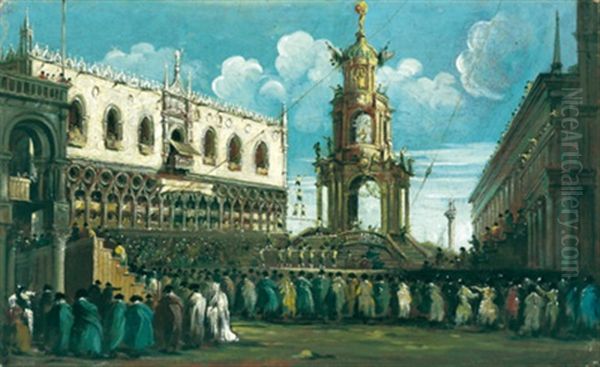 Das Fest Des Faschingsdonnerstags Auf Der Piazzetta In Venedig Oil Painting by Gabriel Bella