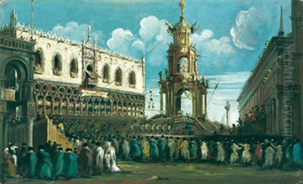 Das Fest Des Faschingsdonnerstags (faschingsende) Auf Der Piazzetta In Venedig, La Festa Del Giovedi Grasso Alla Piazzetta A Venezia Oil Painting by Gabriel Bella