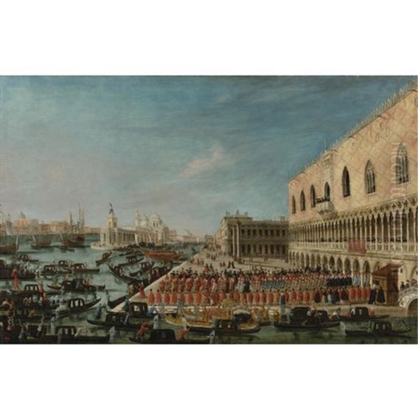 A View Of The Molo, Venice, Looking West With A Procession Of Ambassadors And Attendants Entering The Palazzo Ducale Oil Painting by Gabriel Bella