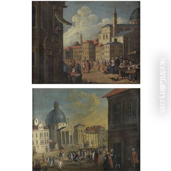 A Capriccio View Of An Italian City With A Market Place In The Foreground (+ A Capriccio View Of An Italian City With A Crowd Watching A Play; Pair) Oil Painting by Gabriel Bella